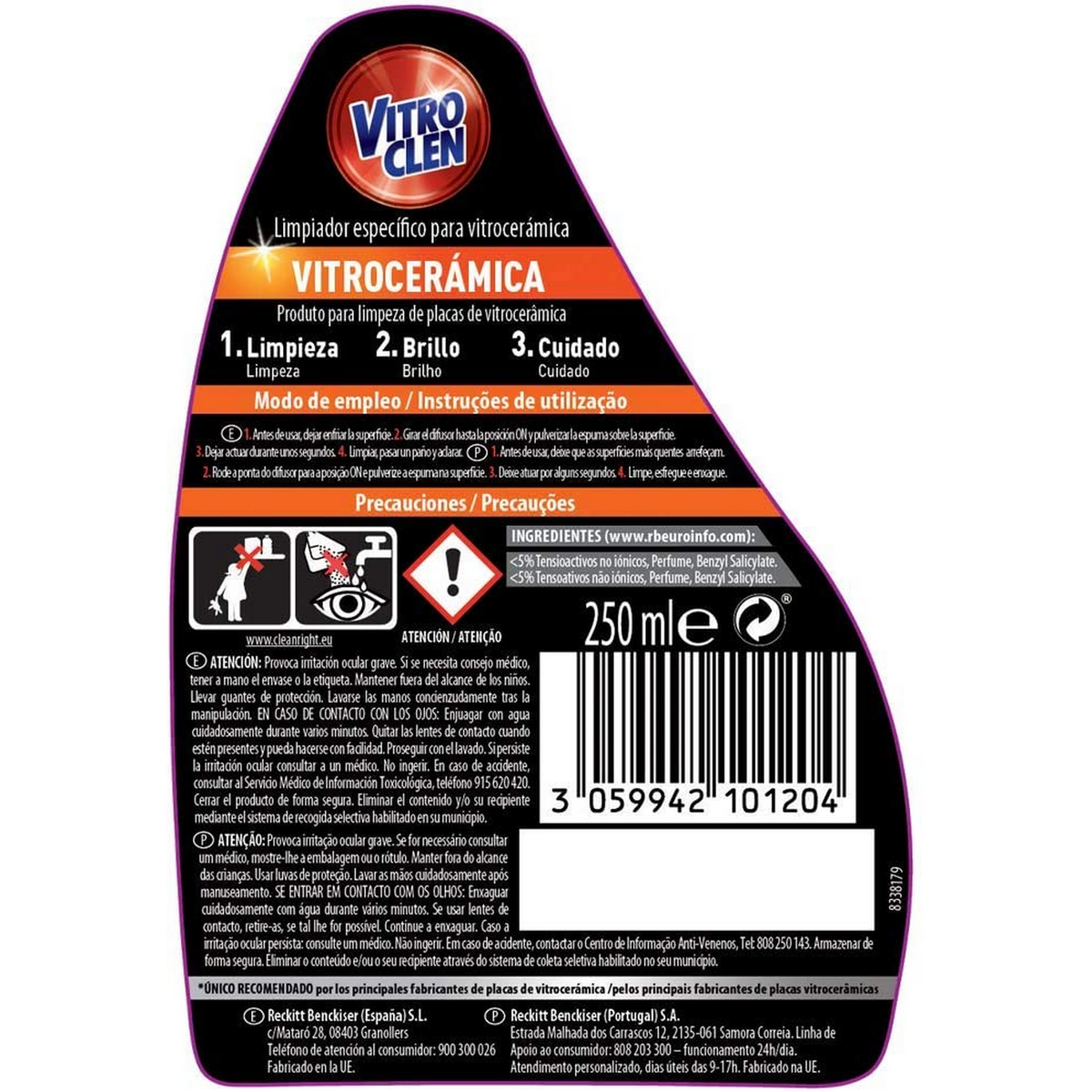 Una botella de limpiador cerámico Vitroclen con texto e instrucciones.