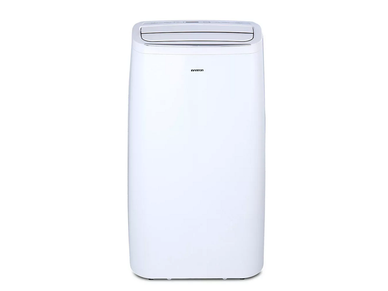 Aire acondicionado portátil blanco. El dispositivo tiene un panel de visualización y está sobre una superficie blanca.
