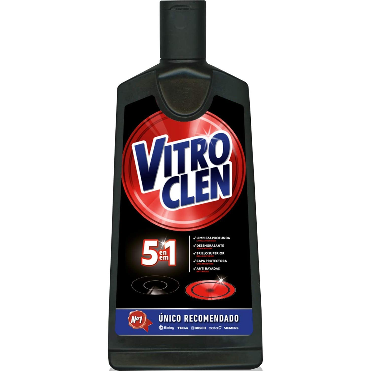 Botella negra de Vitroclen, un producto de limpieza. La etiqueta dice '5 en 1'. El fondo es blanco.