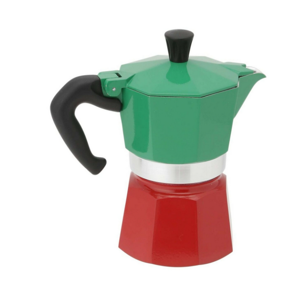 Czerwony i zielony ekspres do kawy z czarnym uchwytem i pokrywką, na białym tle.