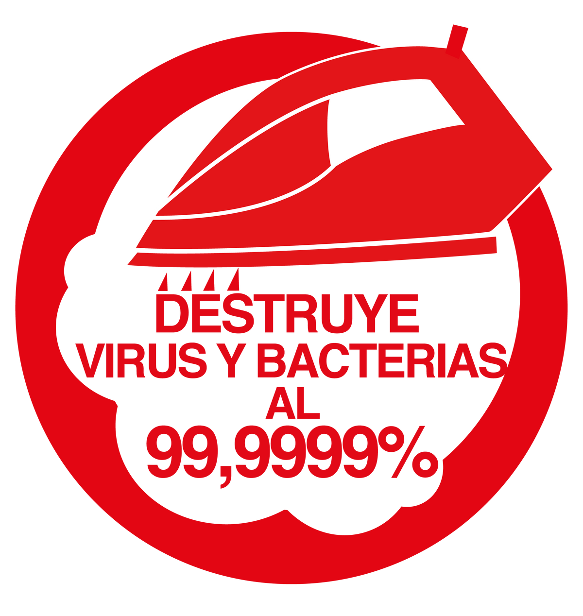 Una imagen roja con una ilustración de plancha y texto que dice 'Destruye virus y bacterias al 99,999%.