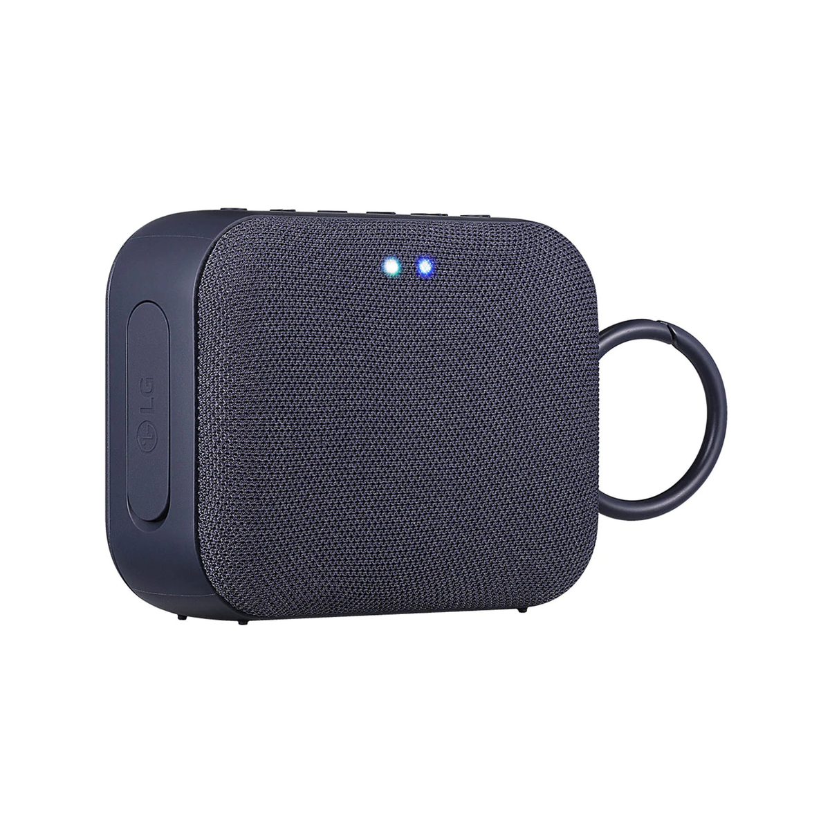 Ciemnoszary, przenośny głośnik Bluetooth LG z uchwytem, na białym tle.