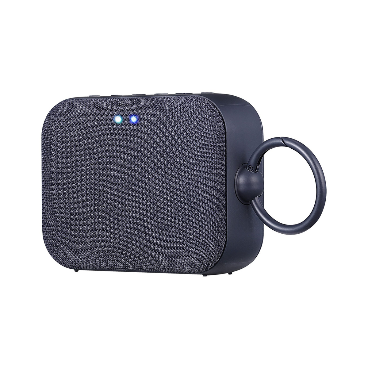 Kwadratowy, ciemny głośnik z uchwytem i dwoma niebieskimi lampkami kontrolnymi.