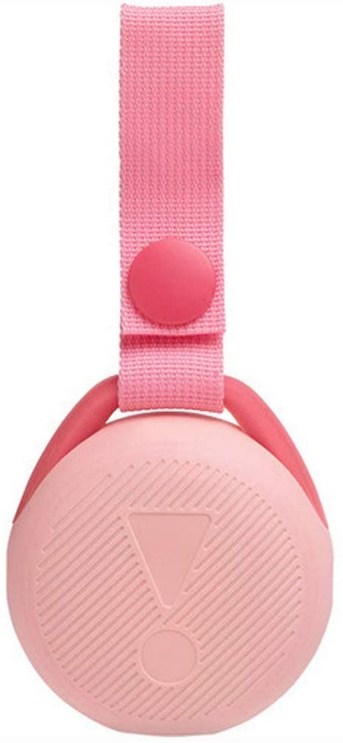 Altavoz rosa con correa. Forma redonda con botón. Cuerpo rosa claro con correa rosa.