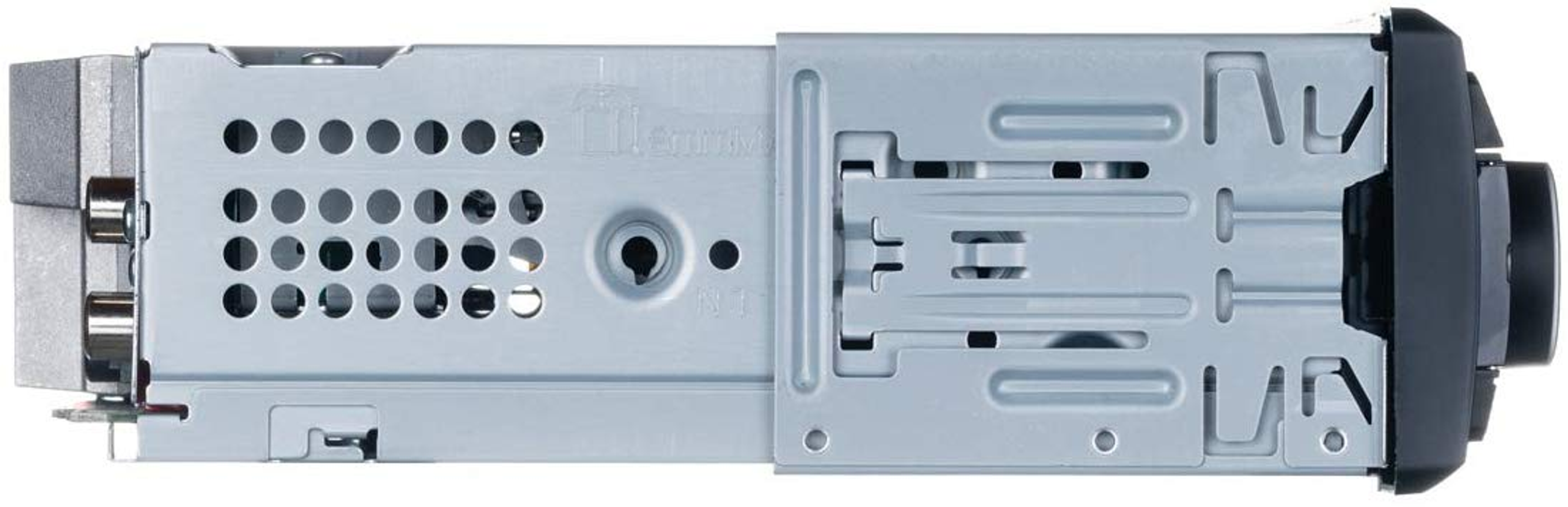 Panel trasero de una radio de coche, mostrando componentes, puertos y ventilaciones.