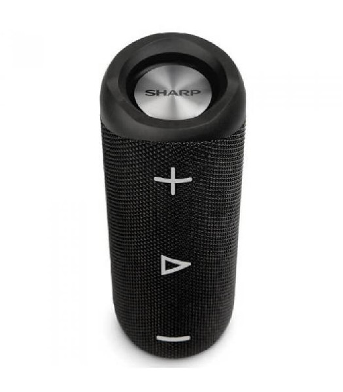 Czarny przenośny głośnik Sharp z białymi przyciskami sterowania. Ma logo Sharp na górze.