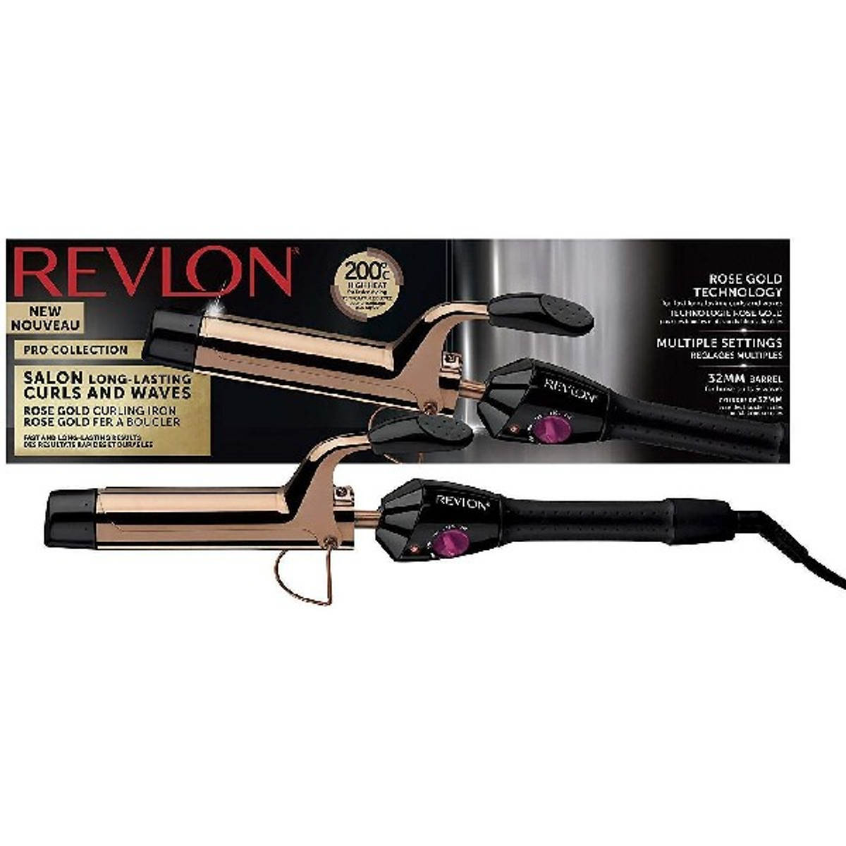 Planchas de pelo Revlon y embalaje. Se muestran planchas de oro rosa y negras, múltiples ajustes.
