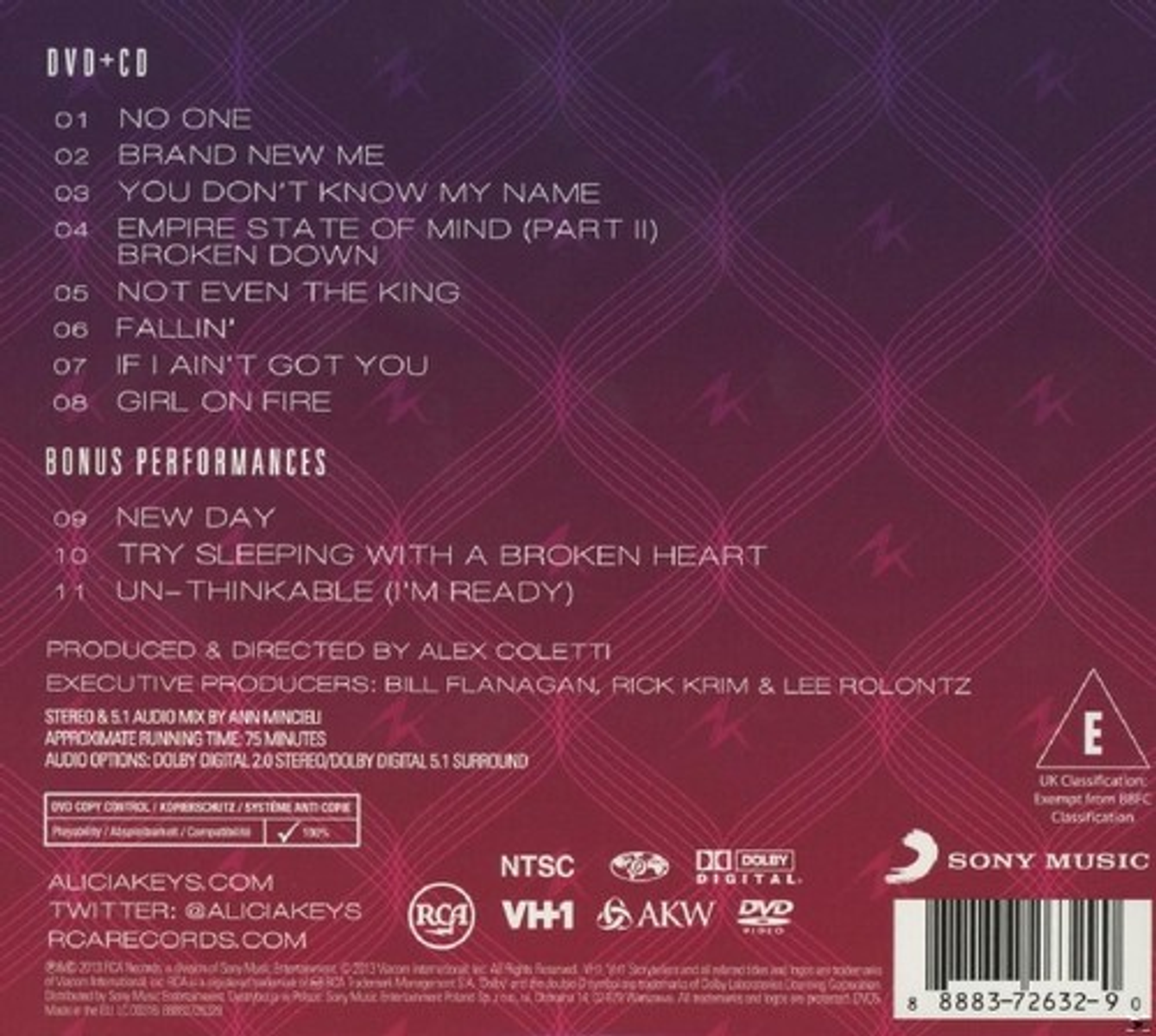 DVD cover with song titles, artist name, and logos. Background is a gradient of purple and pink with a pattern.