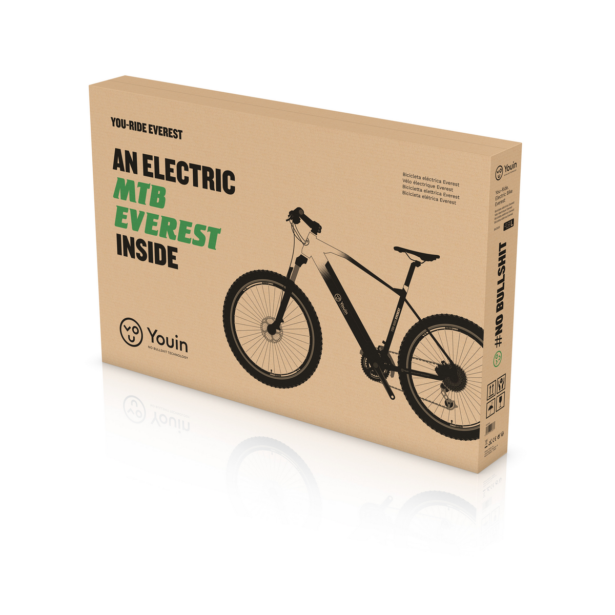 Kartonverpackung eines E-MTB. Text auf der Box: You-Ride Everest, An Electric MTB Everest Inside.