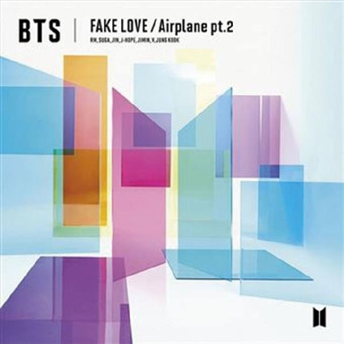 Album cover with colorful overlapping geometric shapes. Title: Fake Love/Airplane pt.2 by BTS. Logo in the bottom right corner.