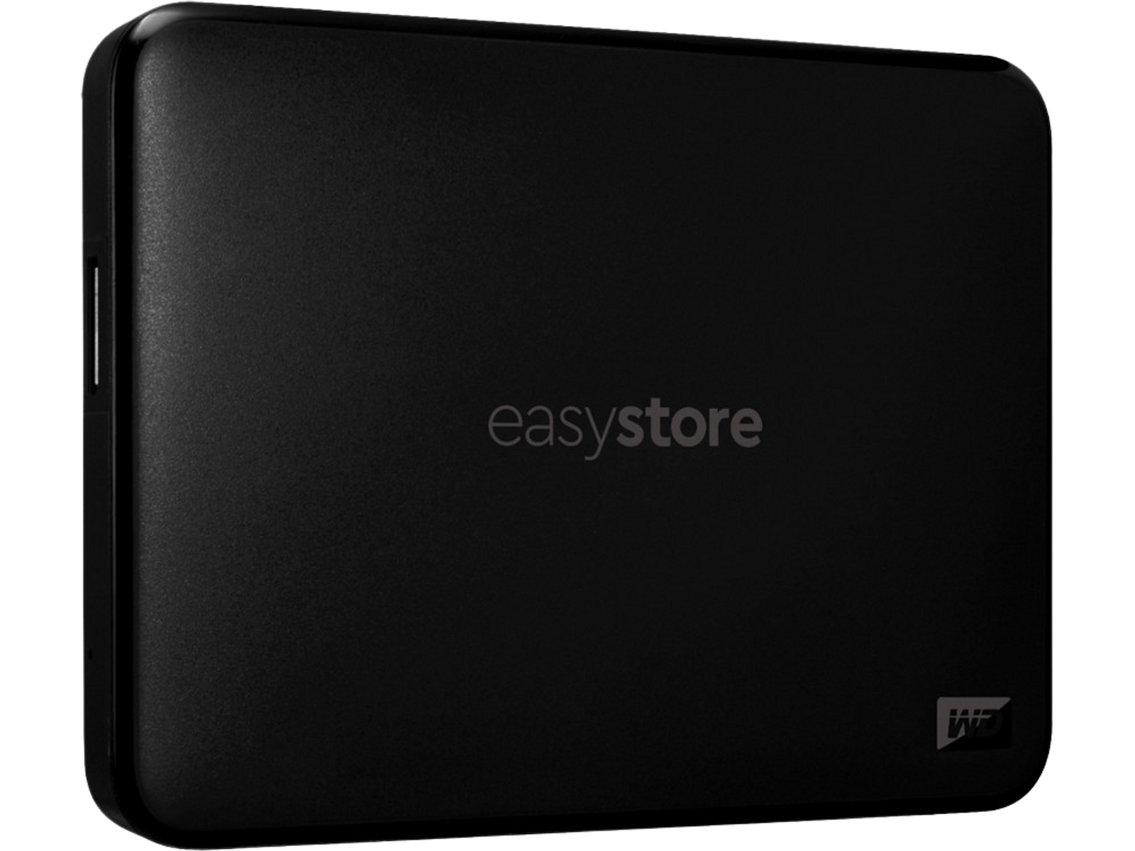 Czarny zewnętrzny dysk twardy z napisem „easystore” z przodu. Logo marki jest widoczne.