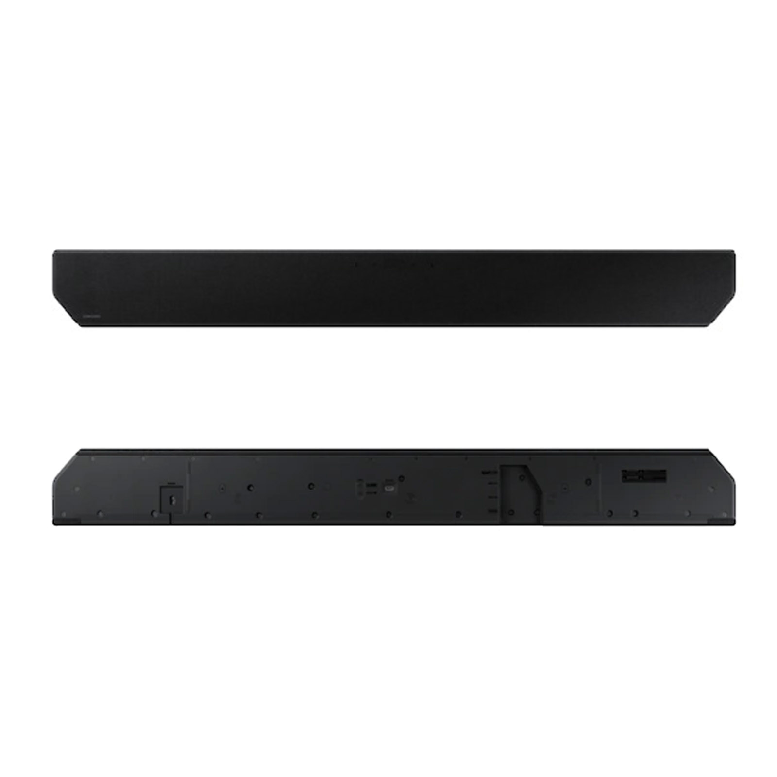 Dwa czarne soundbary, jeden z widoczną górną stroną, a drugi z widoczną dolną stroną.