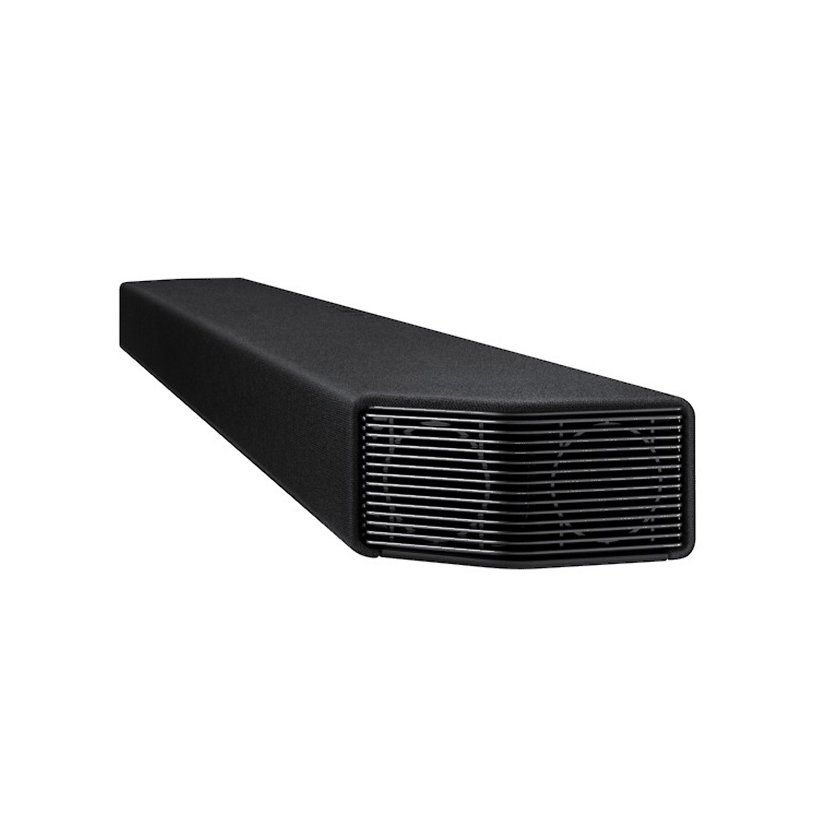 Czarny głośnik soundbar z przednią kratką, na białym tle.