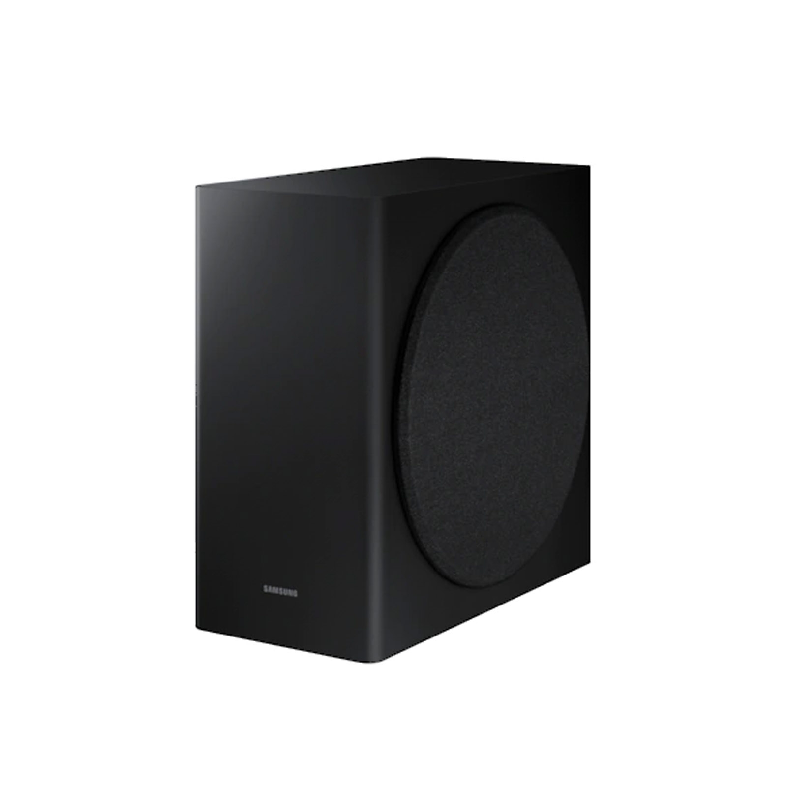 Czarny, prostokątny subwoofer Samsung z okrągłym głośnikiem. Białe tło.