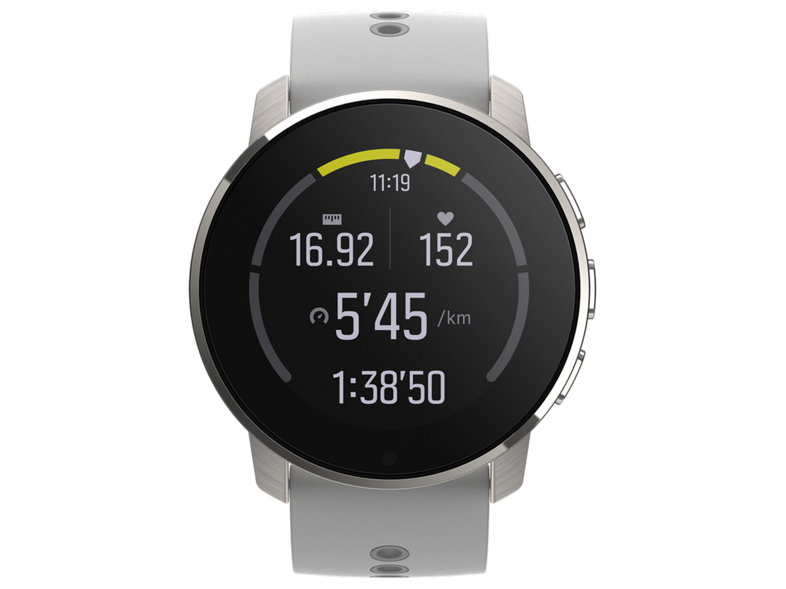 Smartwatch mit rundem Display, das Daten anzeigt, weißes Armband. Schwarzer Hintergrund.