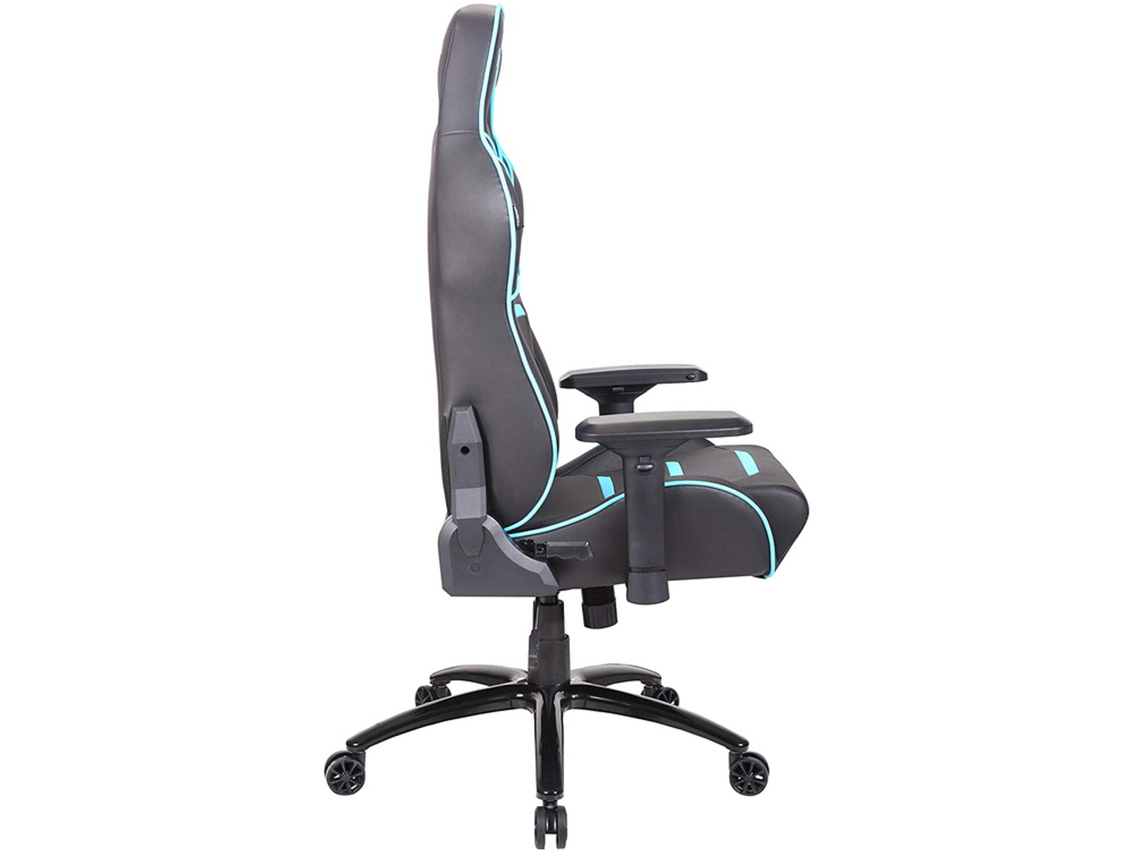 Schwarzer Gaming-Stuhl mit blauen Zierleisten, Seitenansicht.