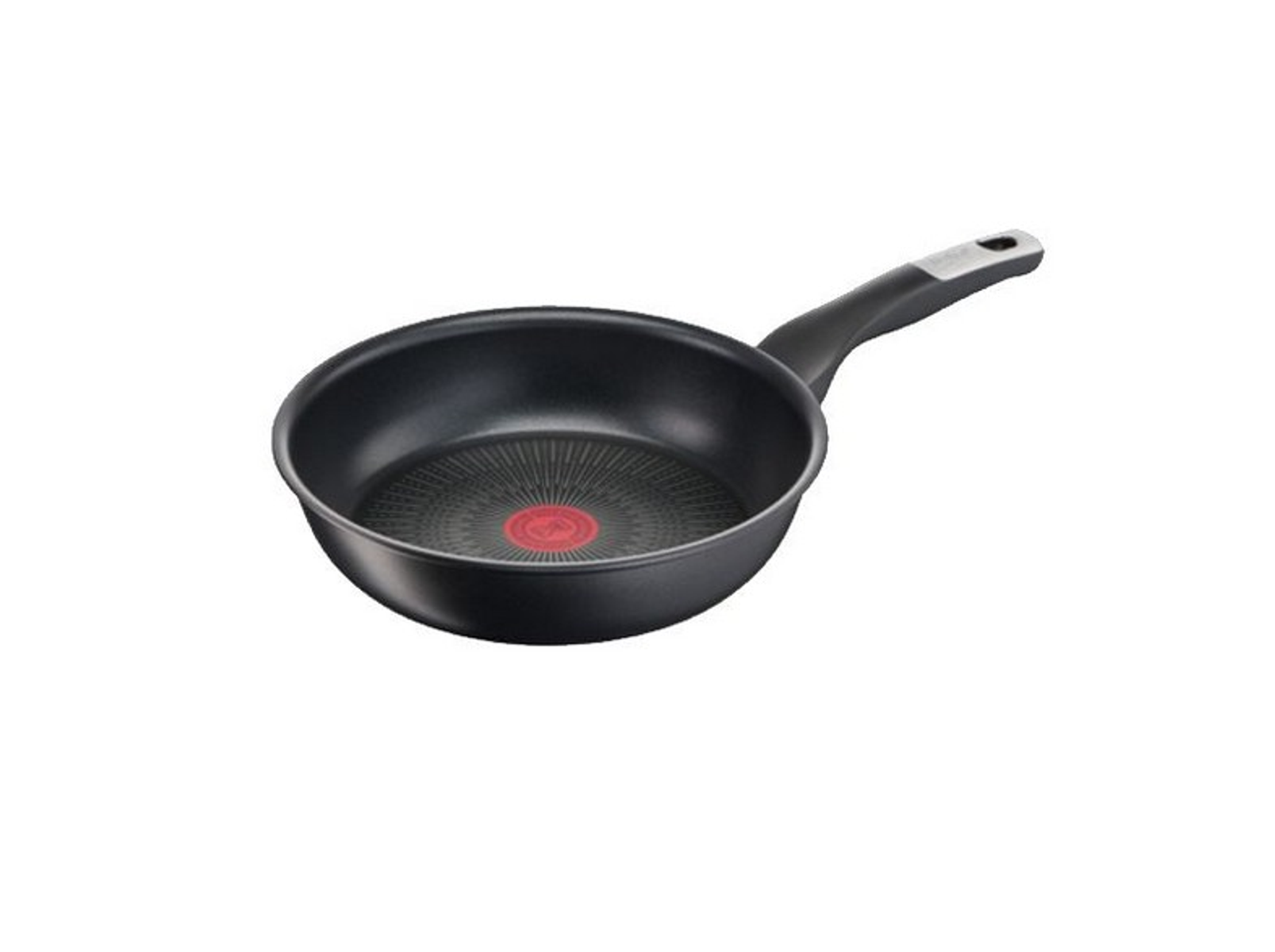 Czarna patelnia z czerwonym środkiem i czarnym uchwytem.