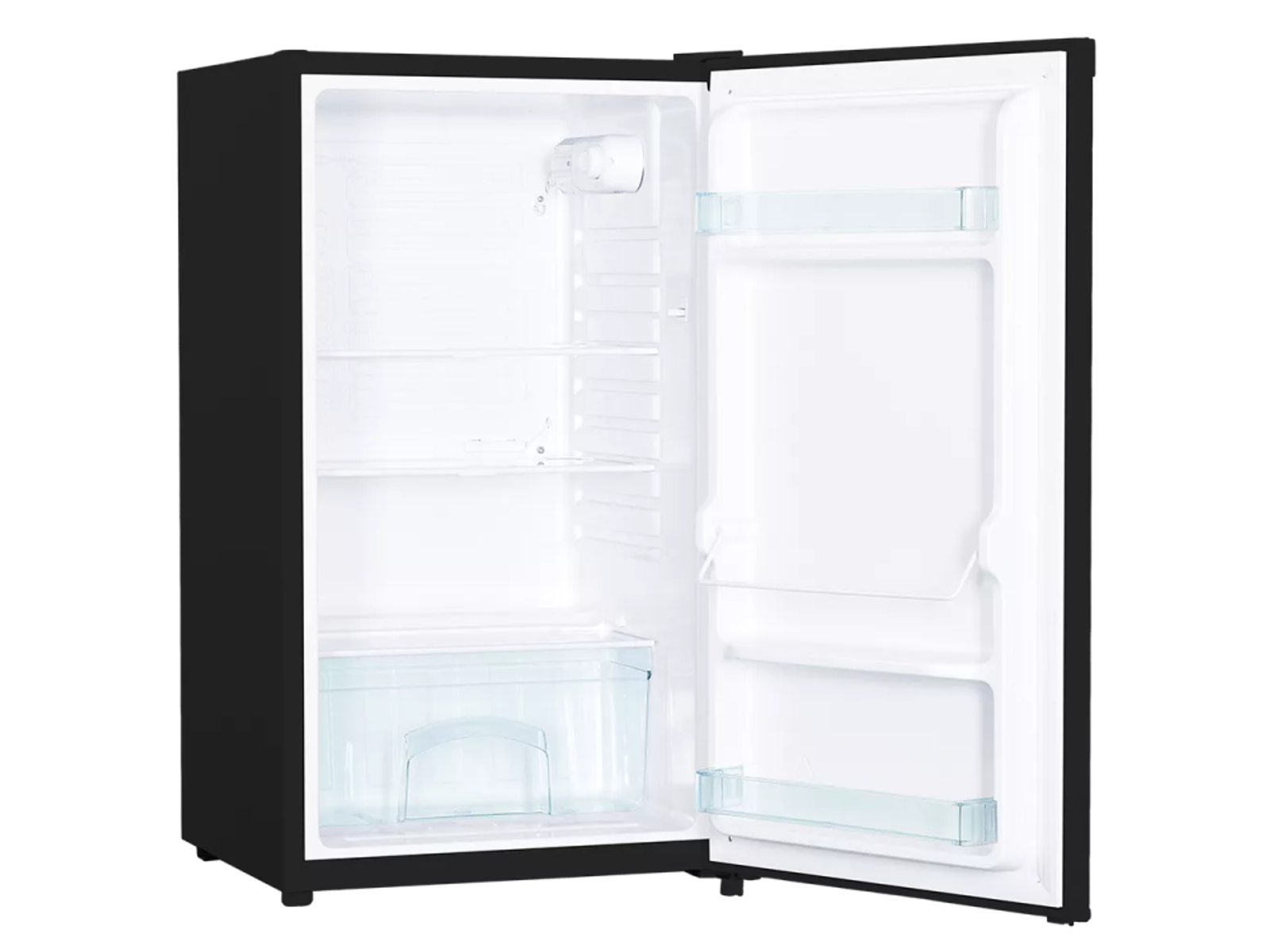 Un pequeño refrigerador negro con la puerta abierta. El interior es blanco, con estantes y un cajón.