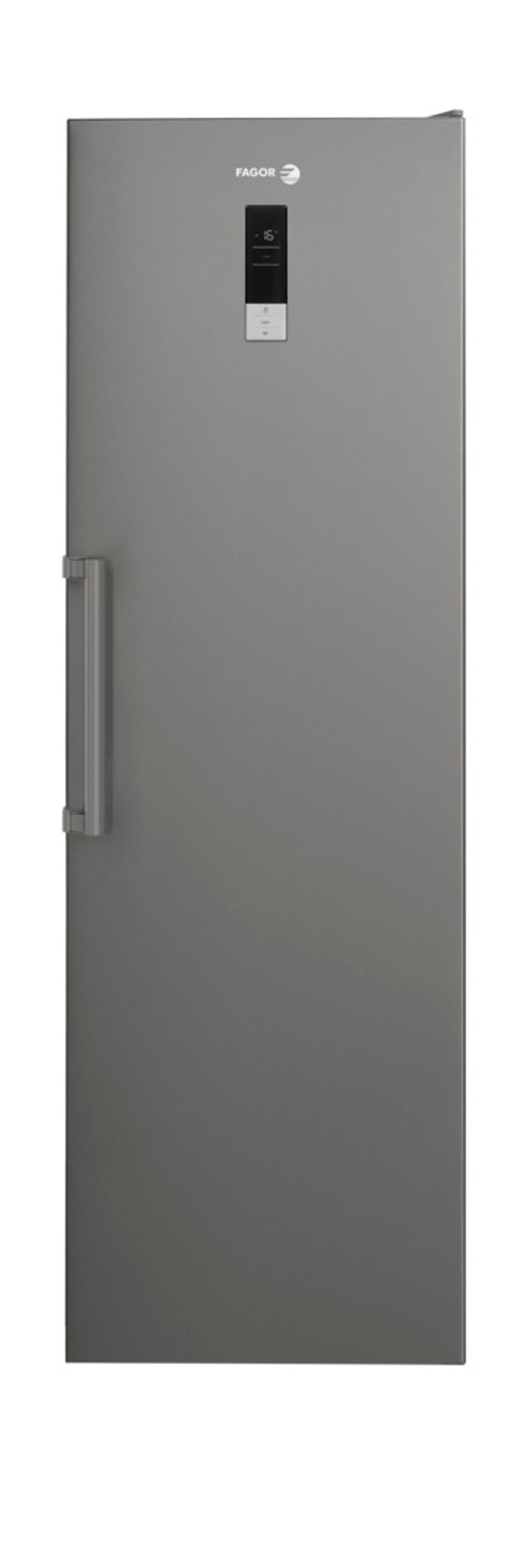 Congelador Fagor gris. Alto, con pantalla digital y manija. Fondo blanco.