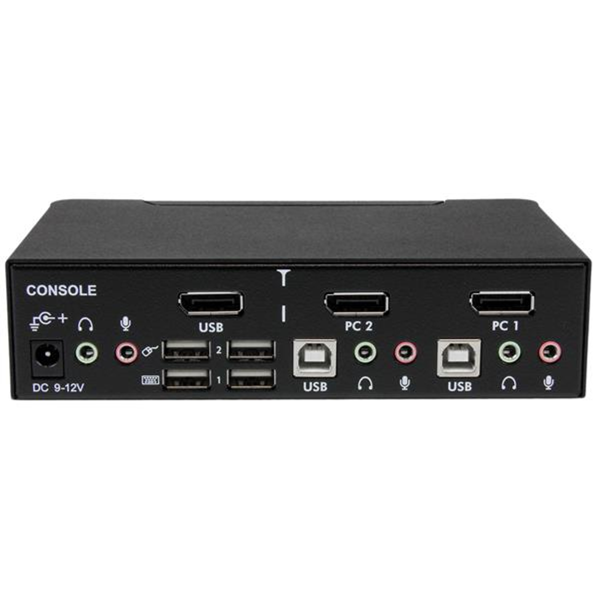Zwarte console met meerdere poorten: USB, pc, audio en stroom. DC 9-12V staat op de zijkant.