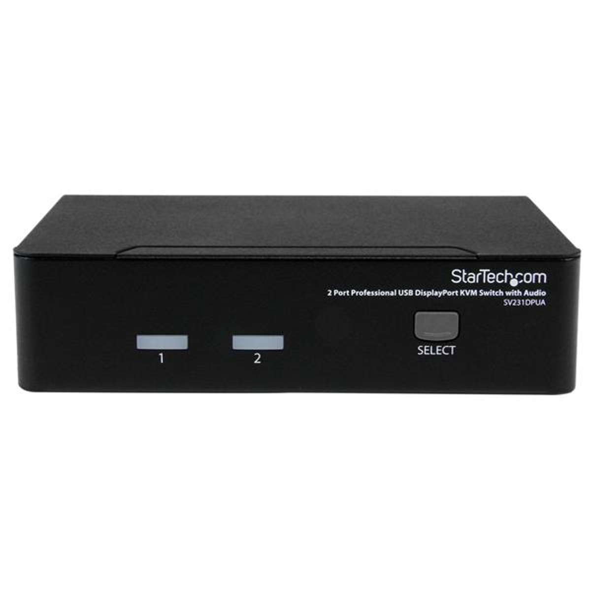 Een zwarte StarTech.com USB DisplayPort KVM-switch met audio, knoppen en poorten.