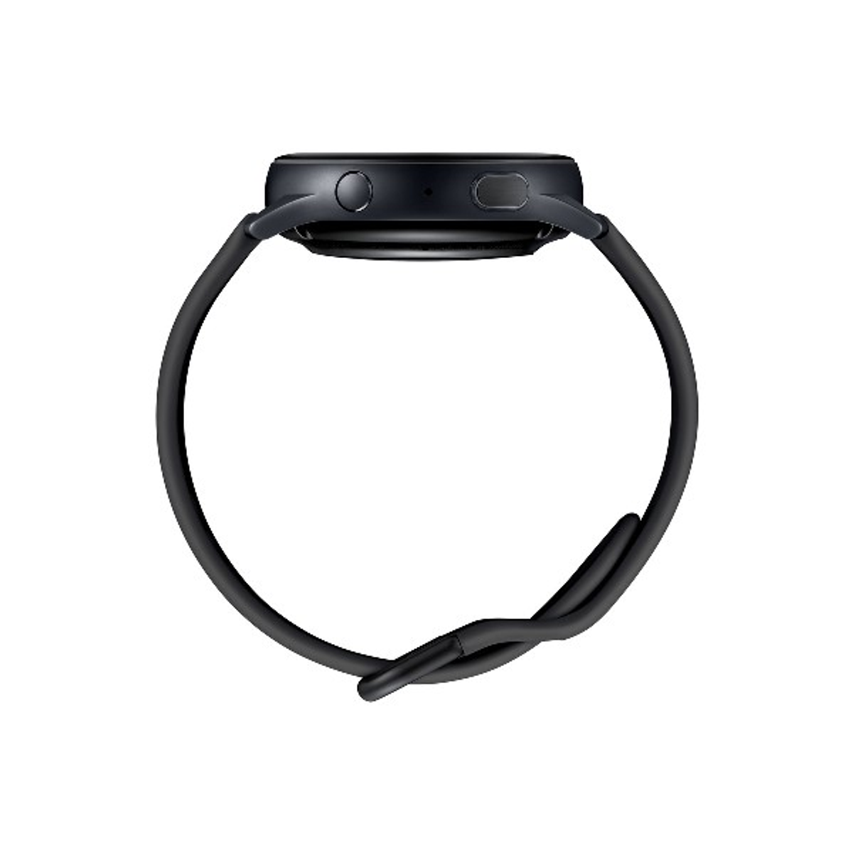 Smartwatch negra, vista desde arriba. Correa negra con dos botones laterales.