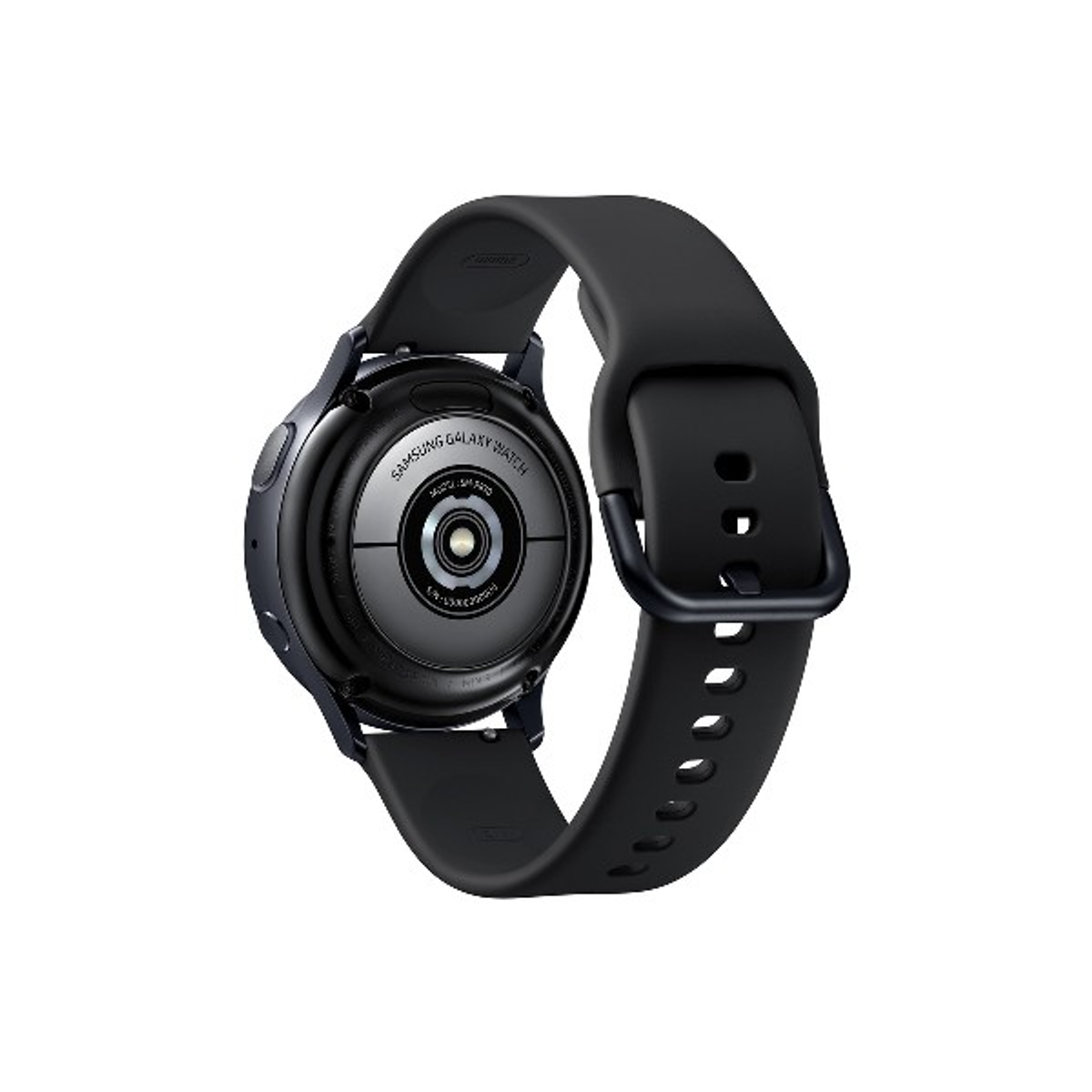 Samsung Galaxy Watch negra, vista trasera, con correa negra. Sobre fondo blanco.