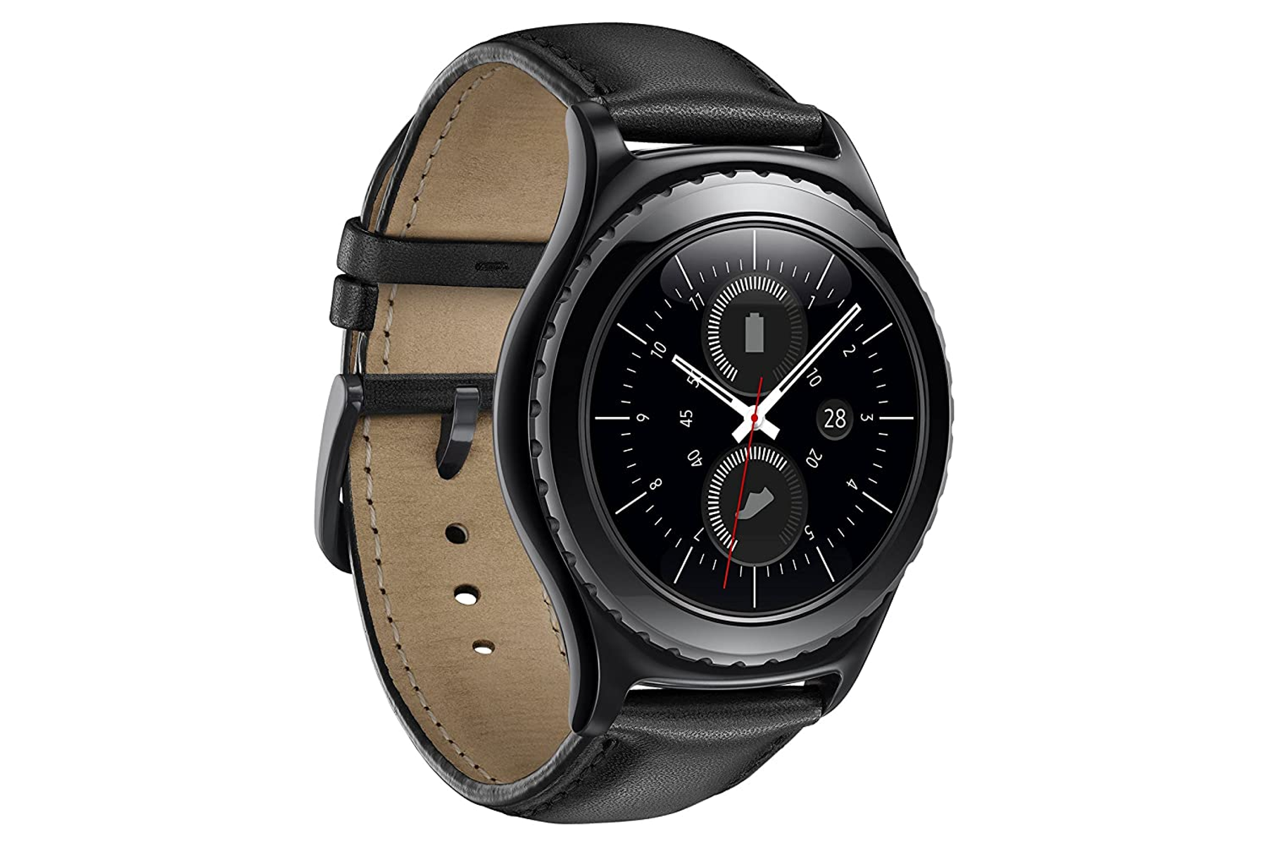 Schwarze Smartwatch mit Lederarmband. Die Uhr hat ein schwarzes Zifferblatt mit mehreren Zifferblättern.