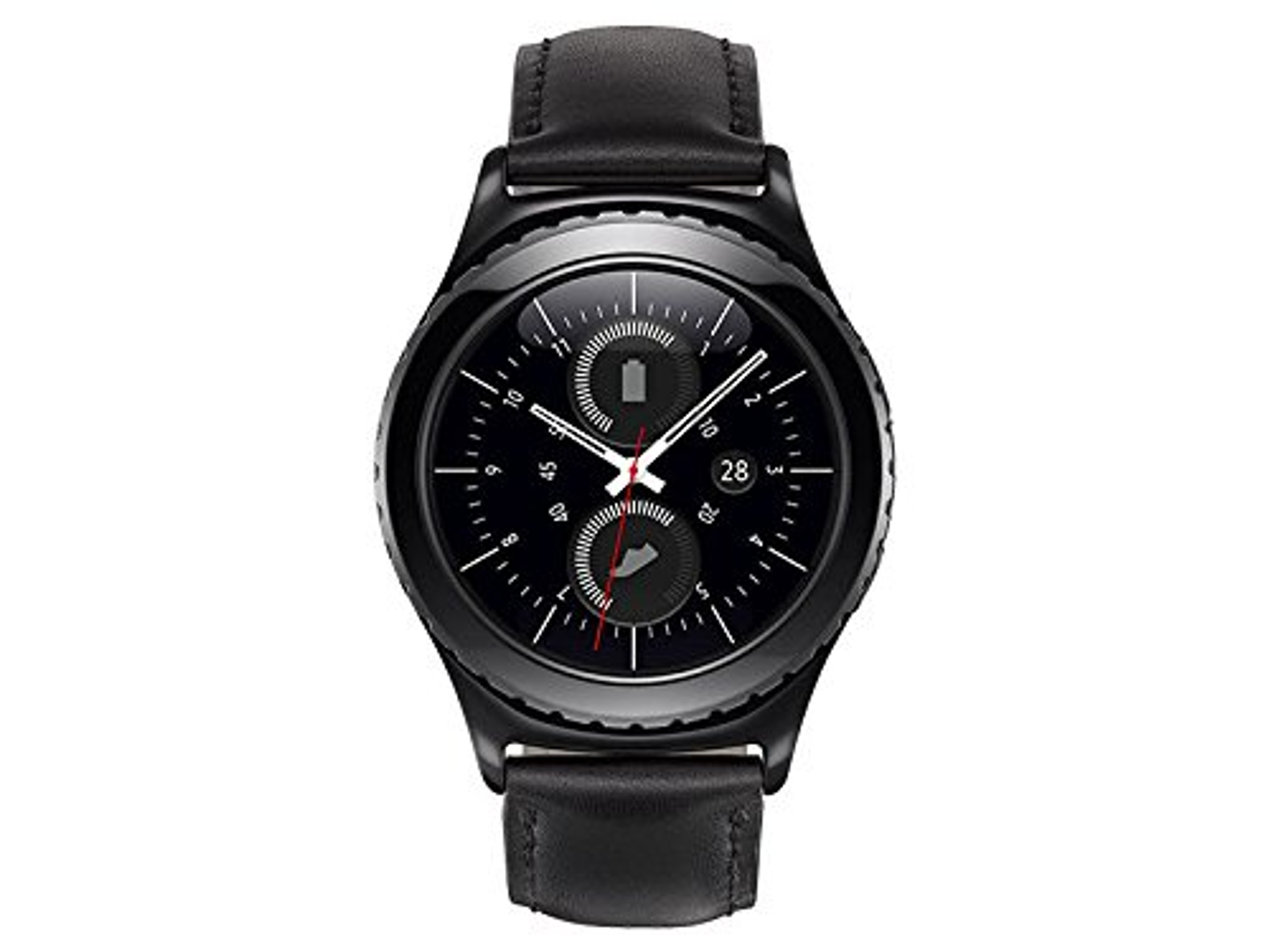 Schwarze Smartwatch mit schwarzem Lederarmband. Sie hat ein rundes Zifferblatt mit detaillierten Zifferblättern und Zeigern.