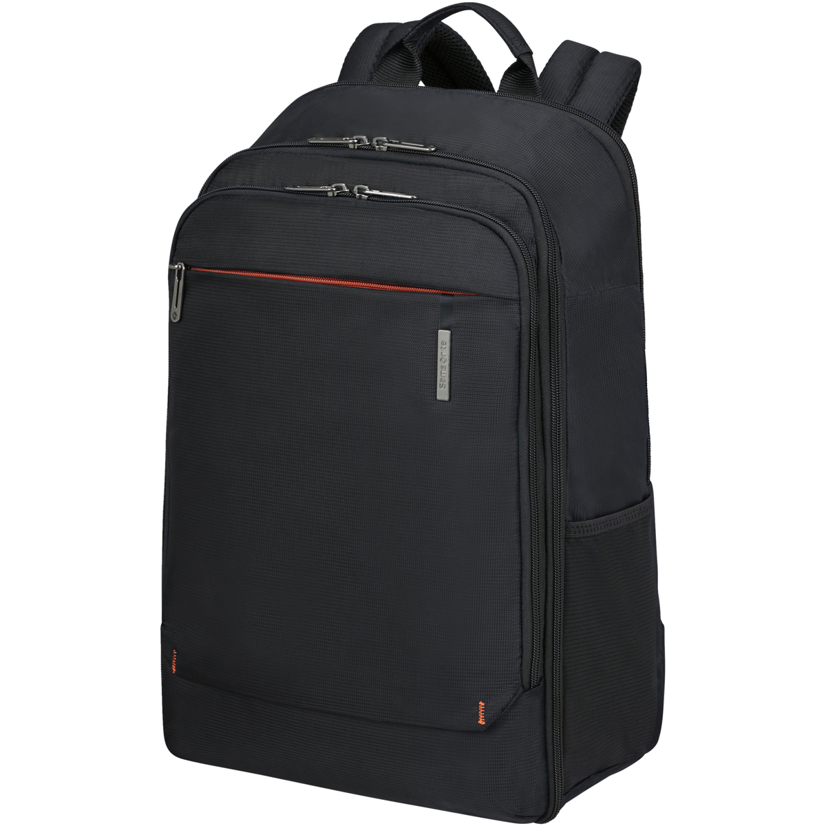 Ön cep ve yan cep içeren, aerodinamik tasarımlı siyah bir Samsonite sırt çantası.