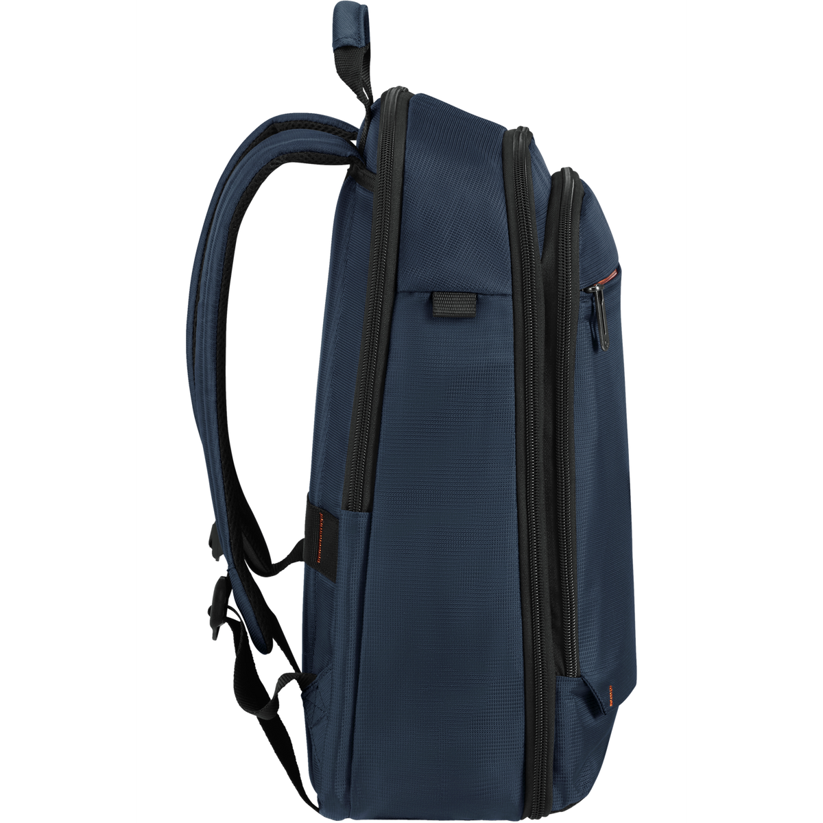 Mochila azul marino con múltiples cremalleras, vista de perfil lateral.