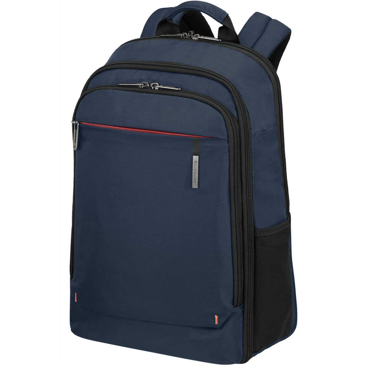 Una mochila azul marino con detalles negros y rojos. Con bolsillo delantero y bolsillo lateral de malla.