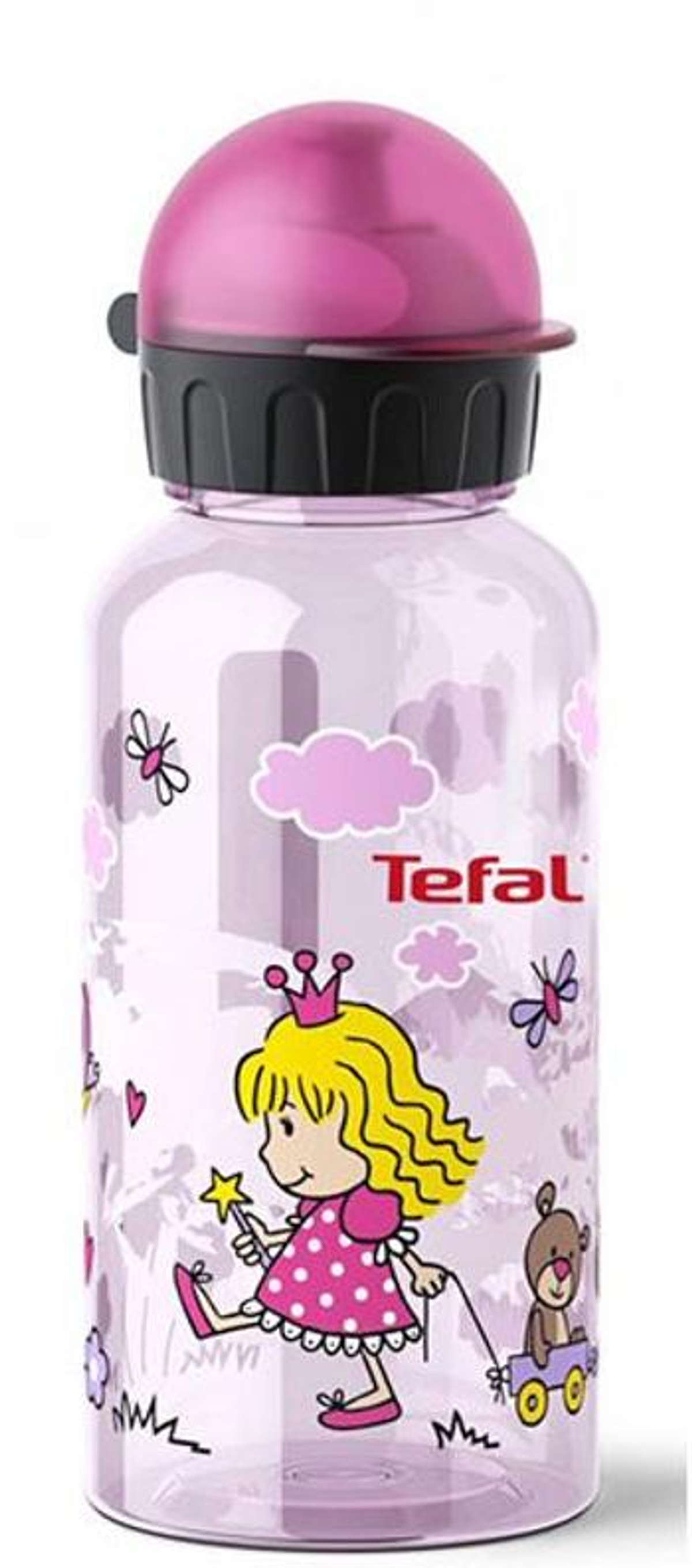 Botella de agua rosa con ilustración de princesa. Tapa negra. Fondo blanco.