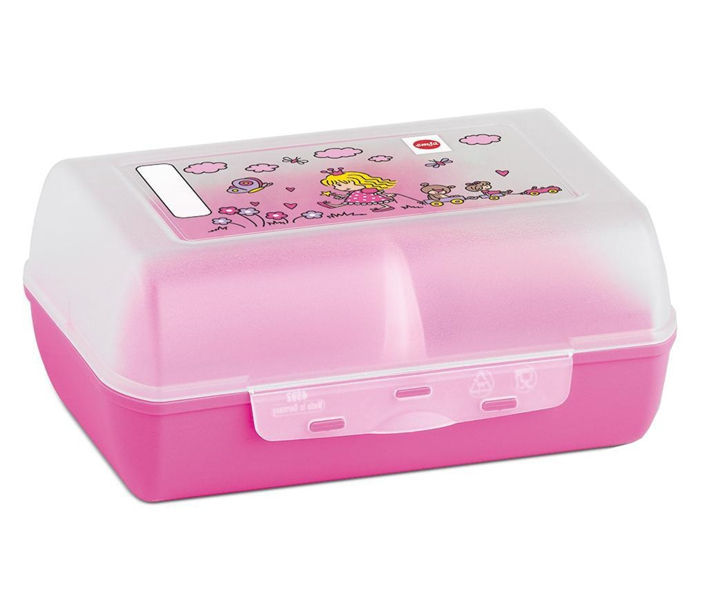 Una lonchera rosa con tapa transparente, con gráficos de dibujos animados en la parte superior.