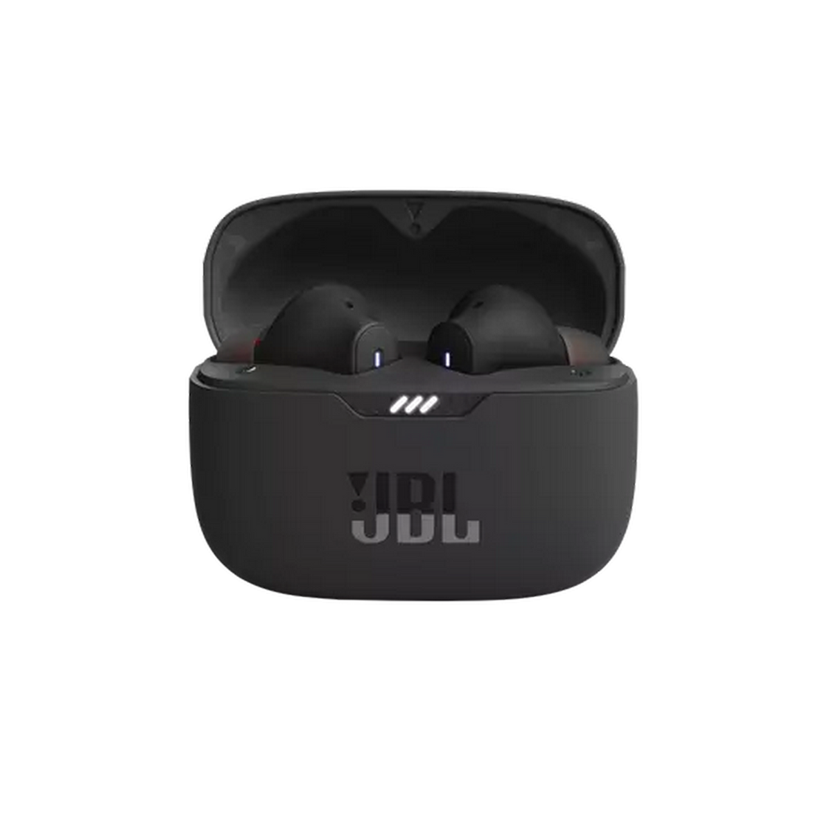 Czarne słuchawki JBL w otwartym etui ładującym, na czarnym tle.