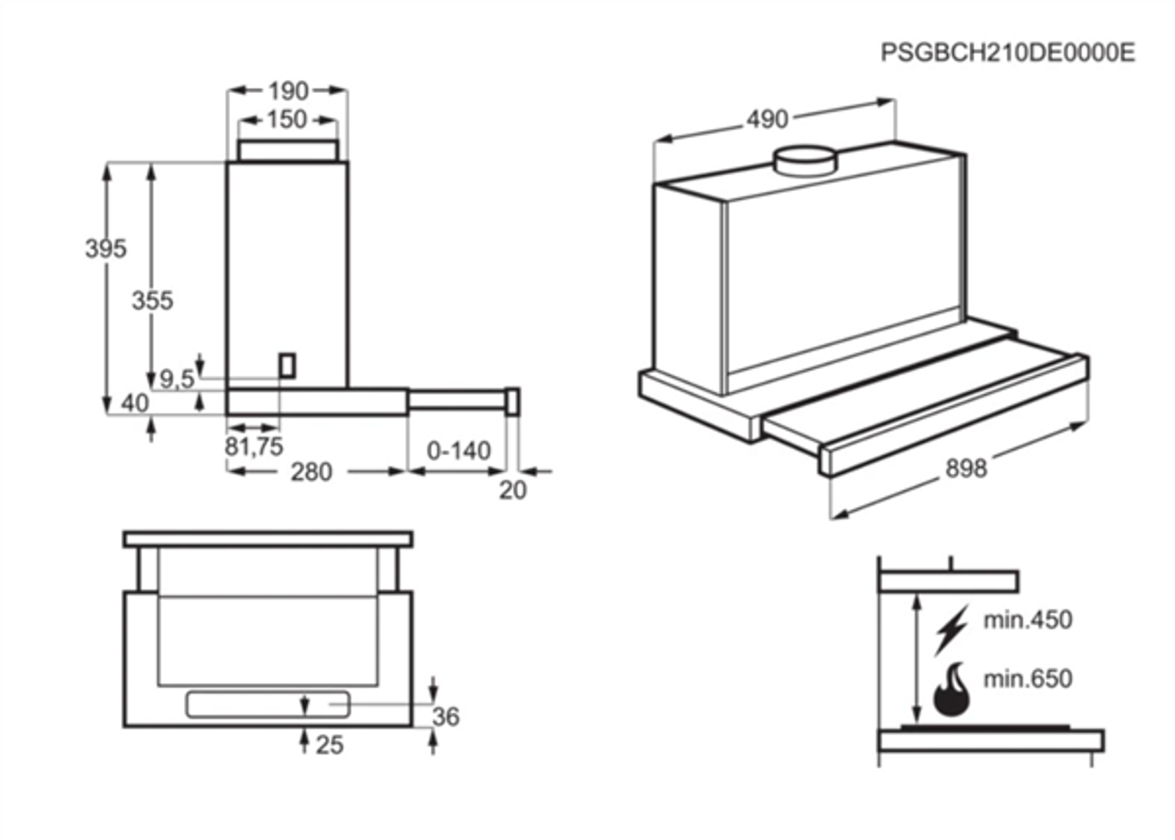 Disegno tecnico di una cappa aspirante. Mostra dimensioni e varie viste del prodotto.