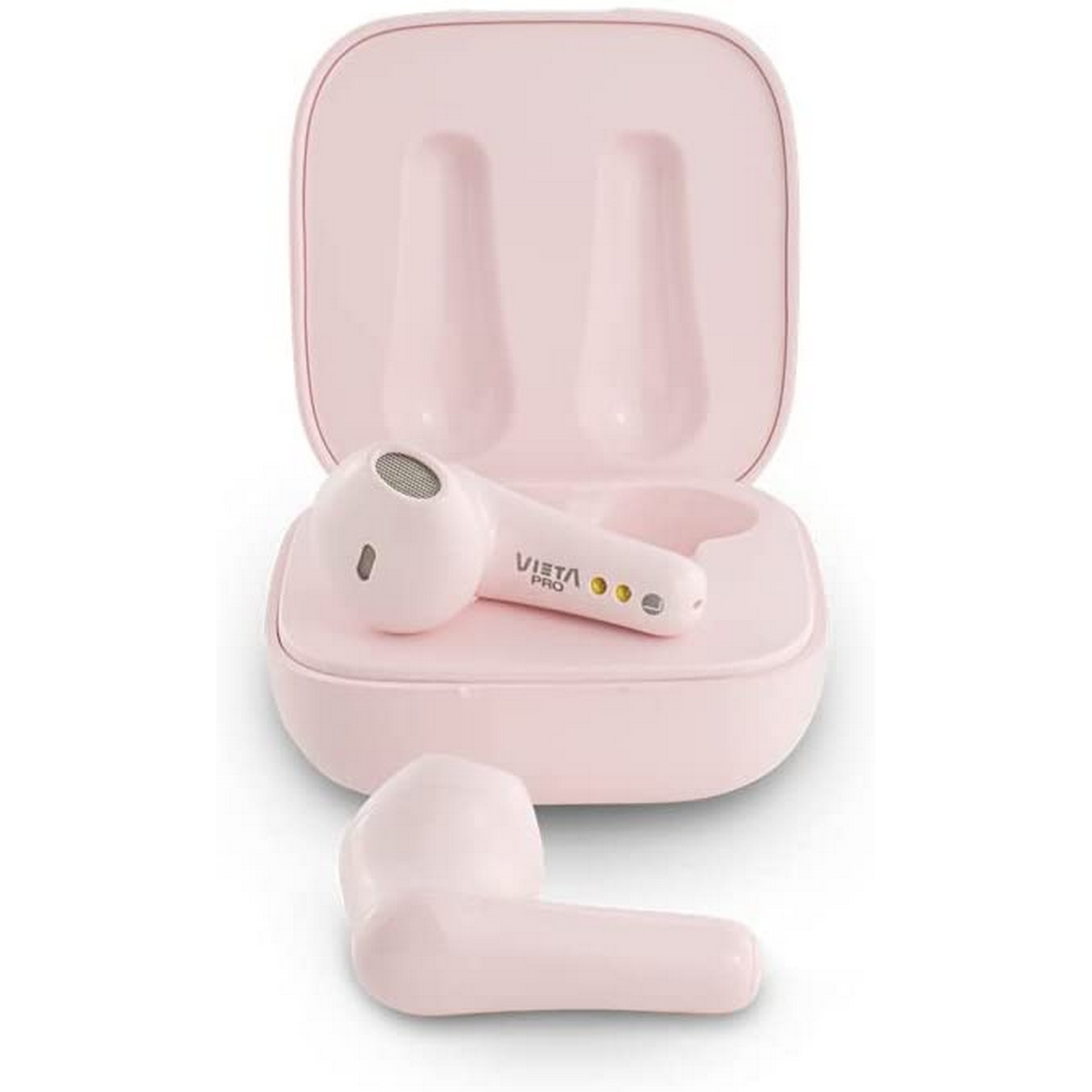 Auriculares inalámbricos rosas en un estuche de carga rosa. Un auricular está fuera del estuche.