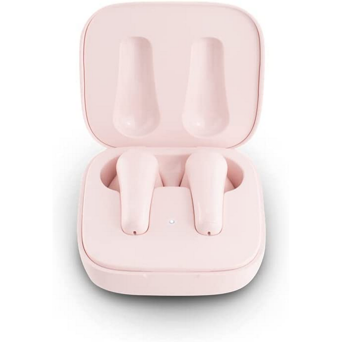Auriculares rosas en un estuche de carga rosa. Vista superior.