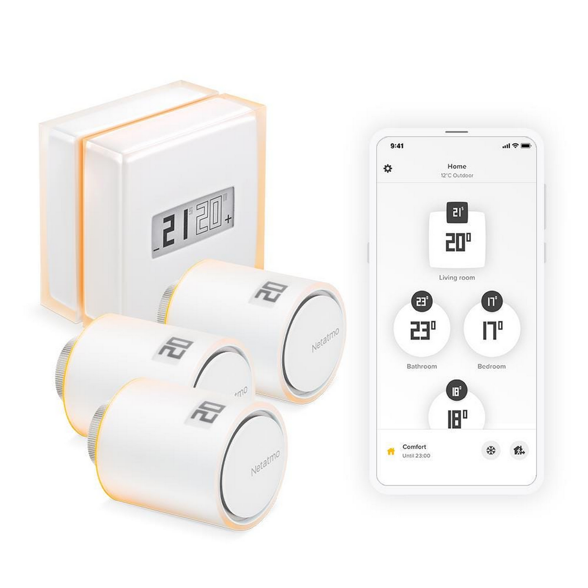 A white Netatmo smart thermostat set and a smartphone displaying room temperatures. The thermostat shows 21.20 degrees.