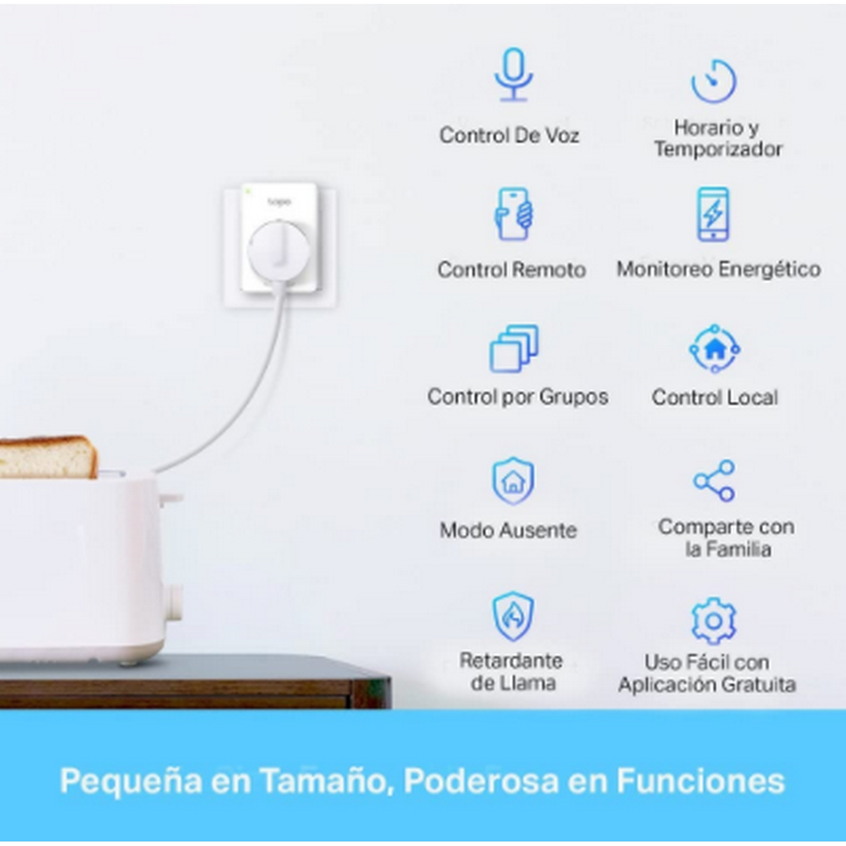 Ein Smart Plug mit Symbolen, ein Toaster links und Text unten.