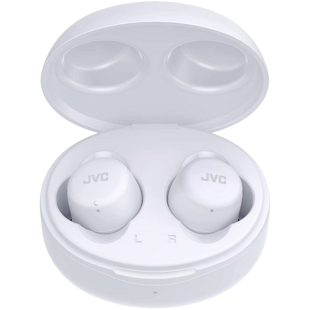Białe słuchawki douszne JVC w białym etui ładującym. Etui jest otwarte.