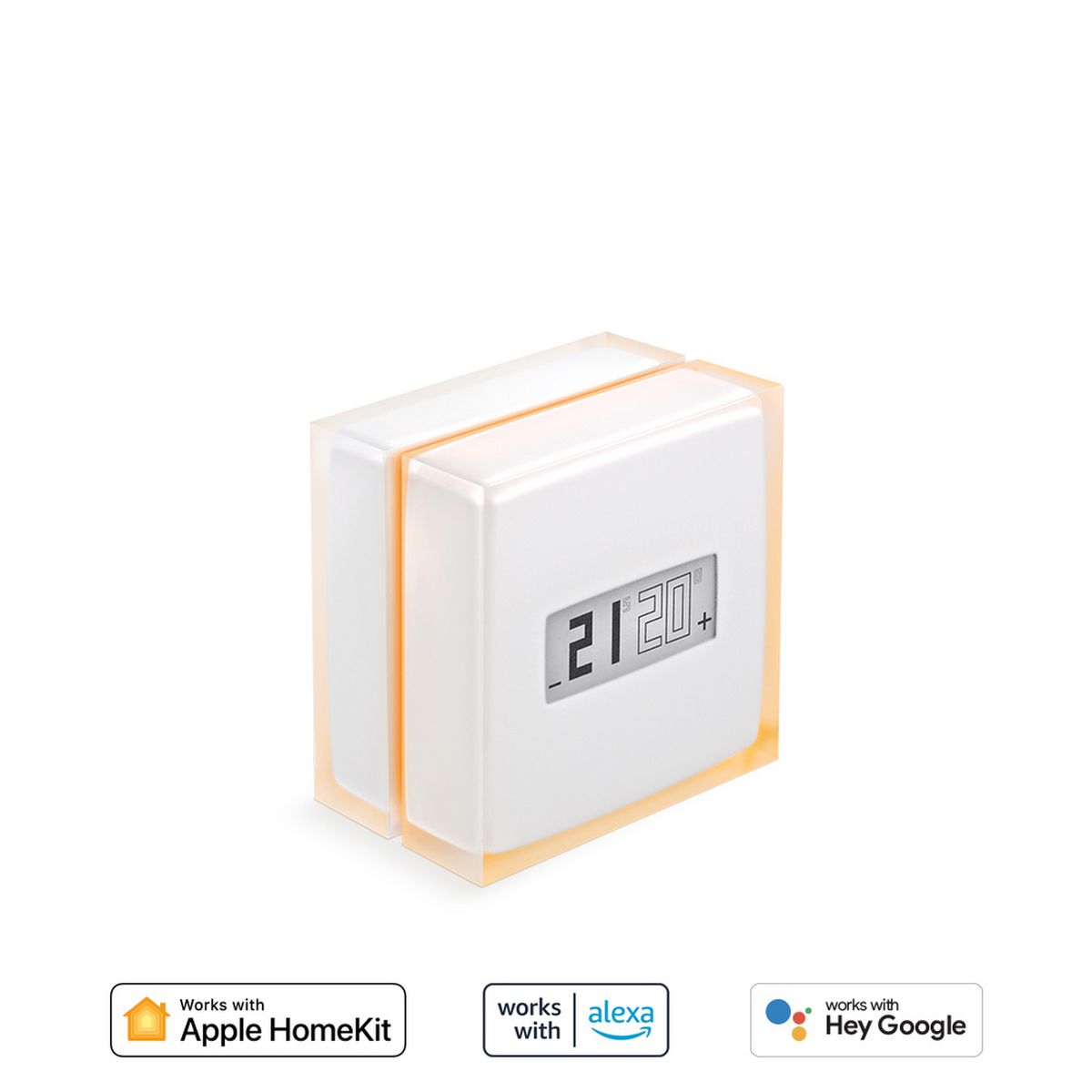 Termostato blanco con pantalla digital que muestra 21°C, rodeado de luz naranja.