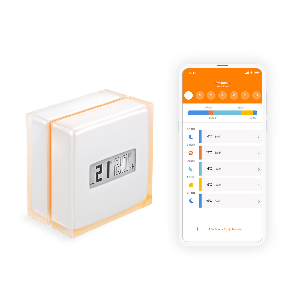 Un dispositivo termostato y un smartphone mostrando una app de calendario de calefacción.