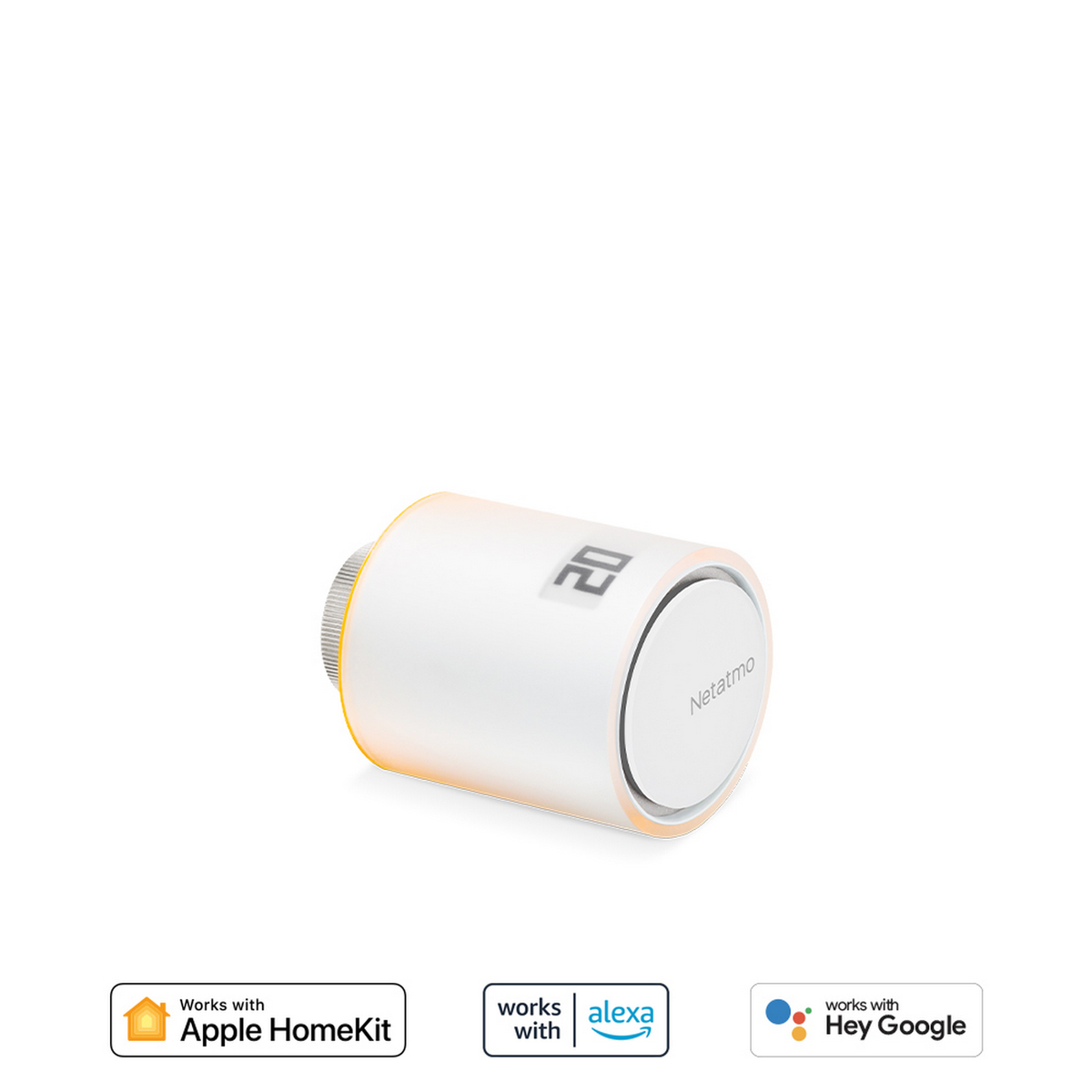 Un termostato blanco con luz naranja y el número 20.