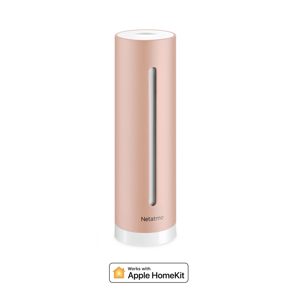 Rose gold Netatmo smart home device. Cylindrical shape.