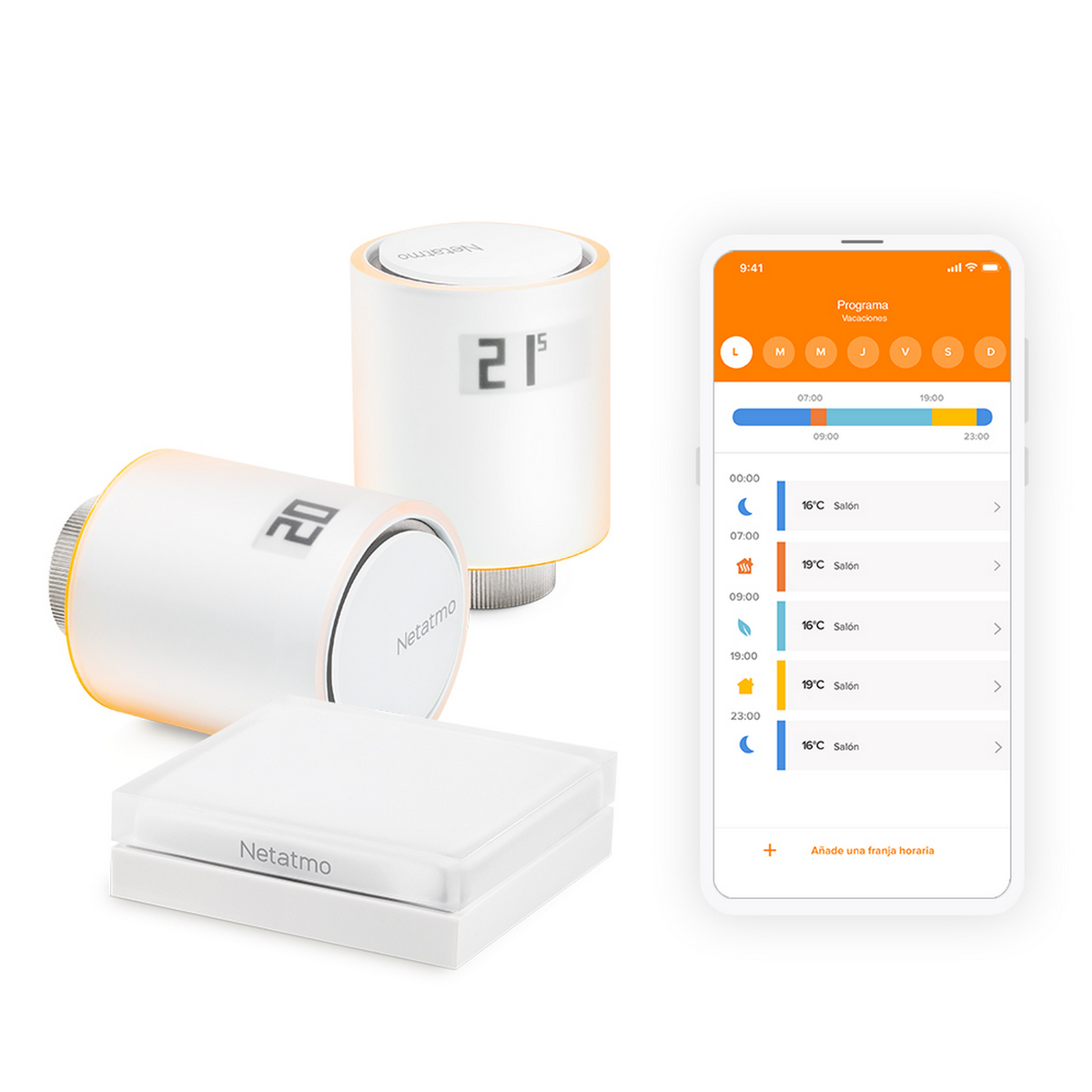 Termostatos de radiador Netatmo blancos y un smartphone con controles de calefacción.