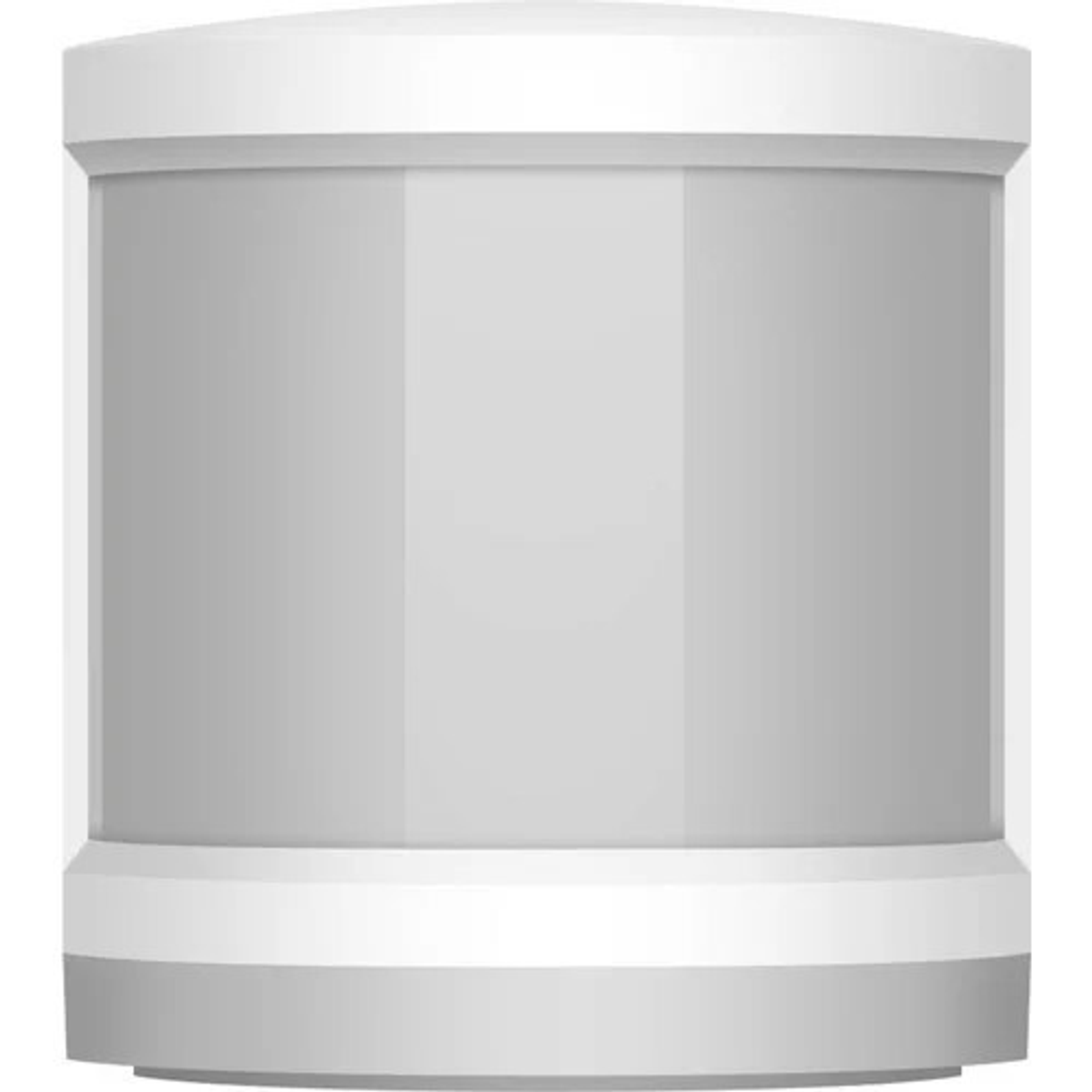 Un sensore di movimento cilindrico bianco, con parte superiore e inferiore bianche, isolato su bianco.