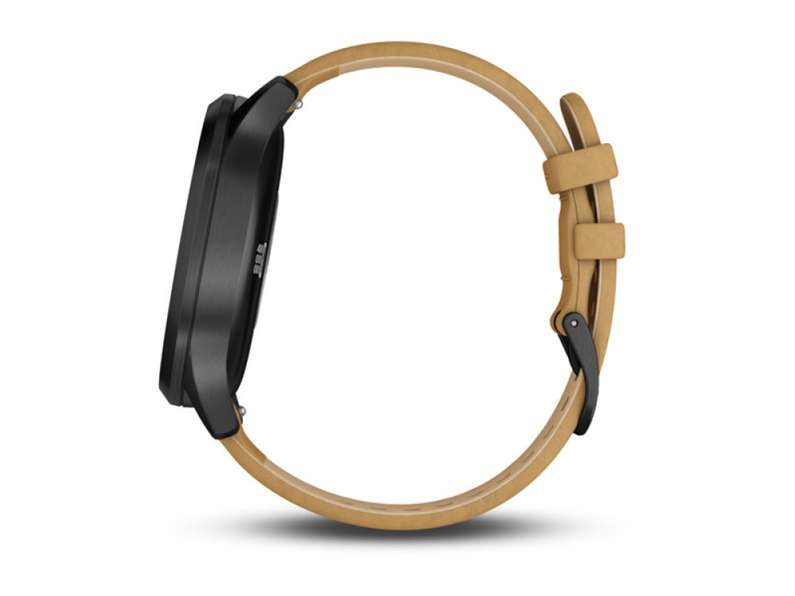 Vista laterale di uno smartwatch nero con cinturino in pelle marrone. Sfondo bianco.