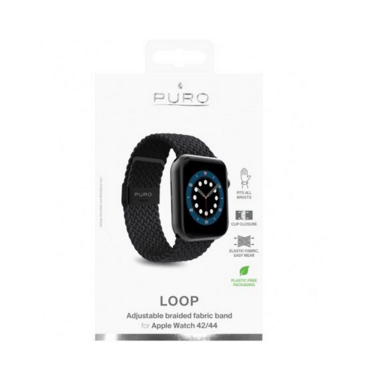 Czarny pleciony pasek do Apple Watch. Zapakowany w biało-czarne pudełko.