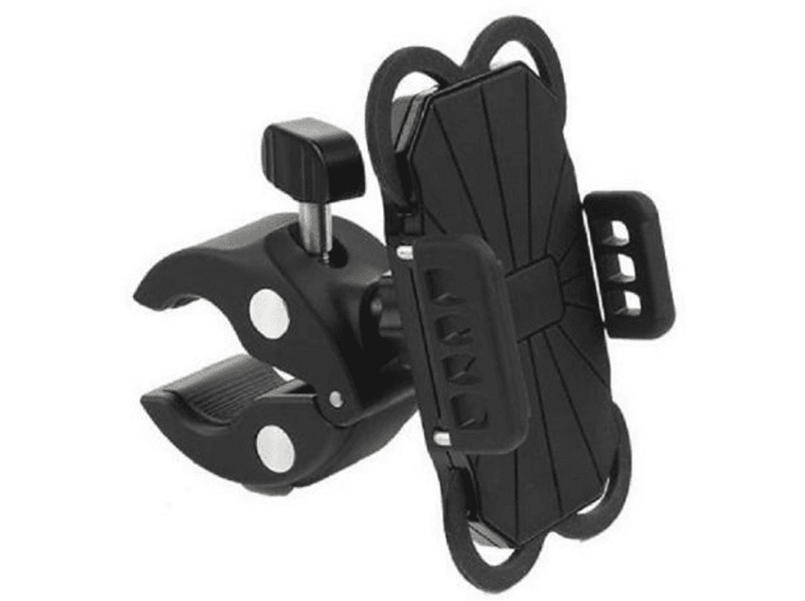 Soporte negro para teléfono para bicicleta o motocicleta. Cuenta con abrazadera y brazos ajustables.